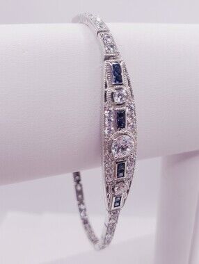925 Sterling Silver Sapphire Blue Cz & Diamond Simulant Bracelet